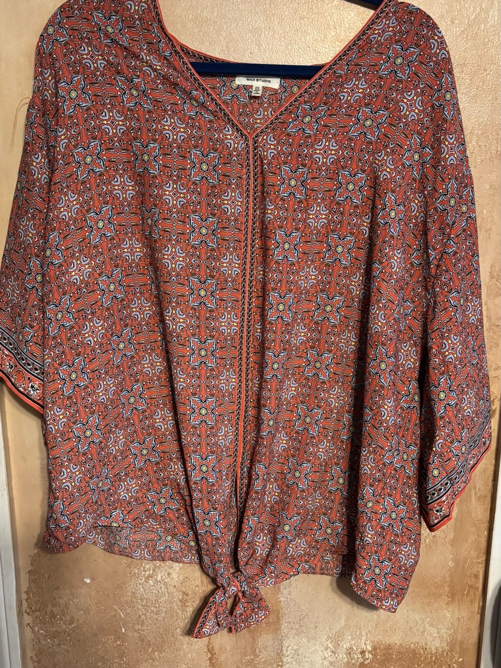 Max Studio 2X Rust Print Tie-Front Blouse